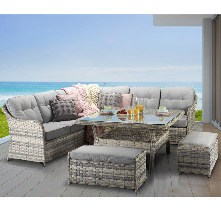 Constance Grey Rattan Large Corner Dining Sofa with Glass Table & 3 Benches | Signature Weave