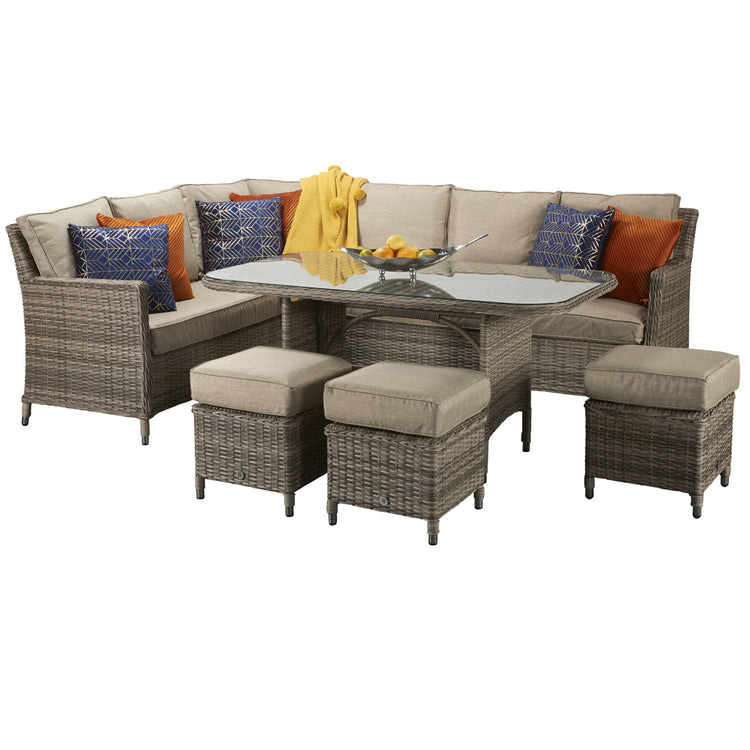 Edwina 9 Seater Grey-Brown Rattan Corner Dining Sofa with Glass Table & 3 Stools | Signature Weave
