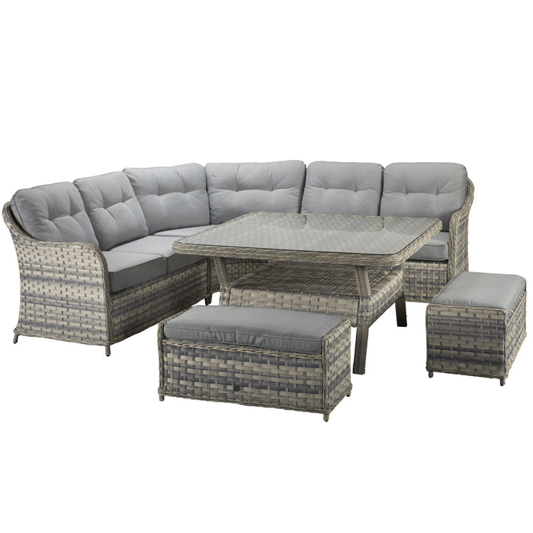 Constance Grey Rattan Large Corner Dining Sofa with Glass Table & 3 Benches | Signature Weave