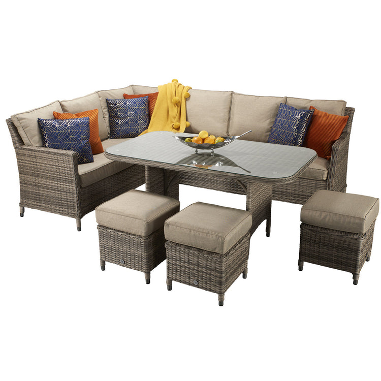 Edwina 9 Seater Grey-Brown Rattan Corner Dining Sofa with Glass Table & 3 Stools | Signature Weave
