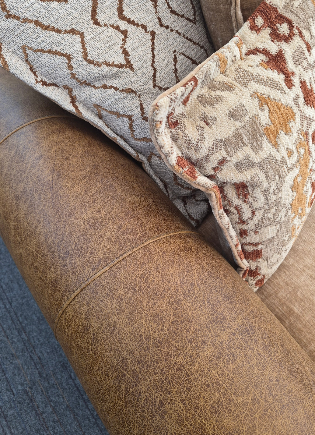 Ex-Display Horatio 4 Seater Pillowback Sofa + Love Chair in Fabric with Tan Leather