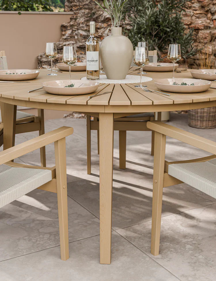 Royal Craft - Roma 6 Seater Round Sunray with Terrazzo Insert Dining Set with Roma Rope Stacking Chairs