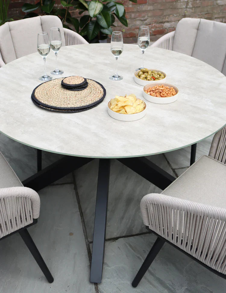 Royal Craft - Bali 4 Seater Round Ceramic Glass Dining Set with Bali Rope Chairs