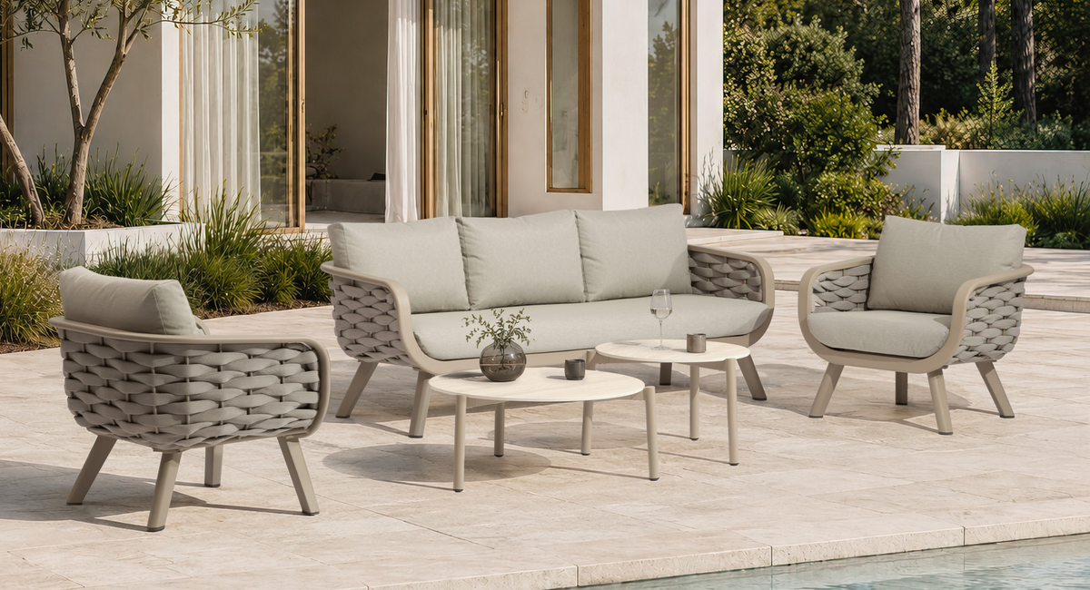 Monroe Grey 5 Seater Garden Sofa Set with Armchairs & Sintered Stone Nesting Tables