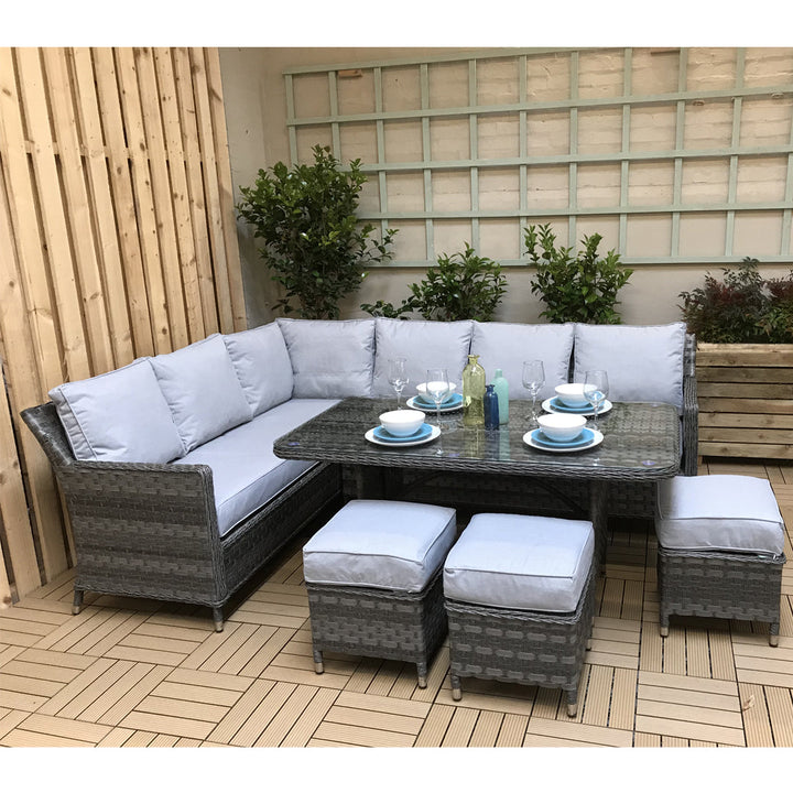 Edwina 7 Seater Grey Rattan Corner Dining Sofa with Aluminium Top Table & 3 Stools | Signature Weave