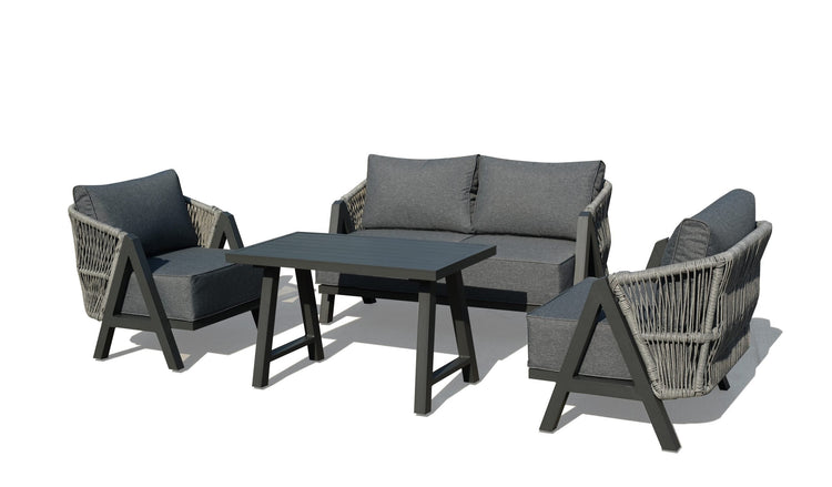 NEW Lizzie Garden Grey 2 Seater + 2 Chairs + Coffee Table Rope Weave Homeflair