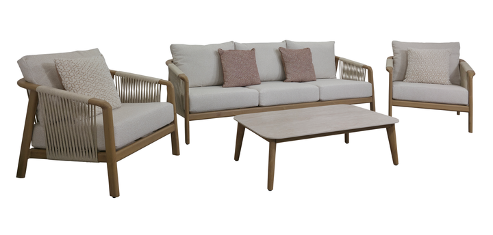 Branstone 5 Seater Beige Outdoor Fabric Garden Sofa Set with Rope Accents & Coffee Table | Signature Weave