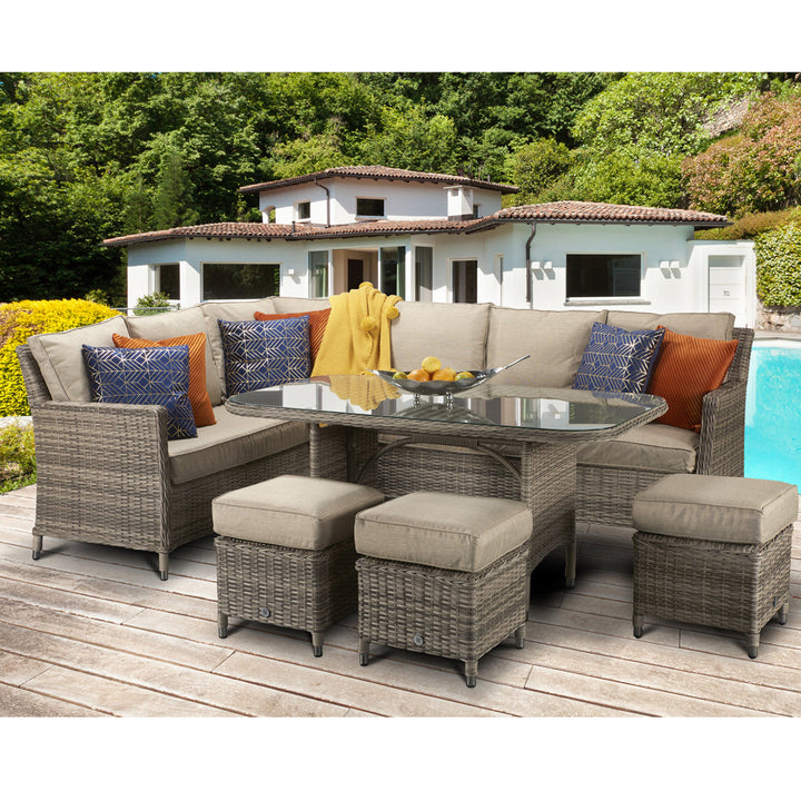 Edwina 9 Seater Grey-Brown Rattan Corner Dining Sofa with Glass Table & 3 Stools | Signature Weave