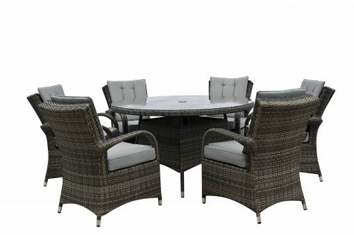 Rattan Grey Dining Round Table + 6 Chairs Set | Amel130TGS | Oliv140CG