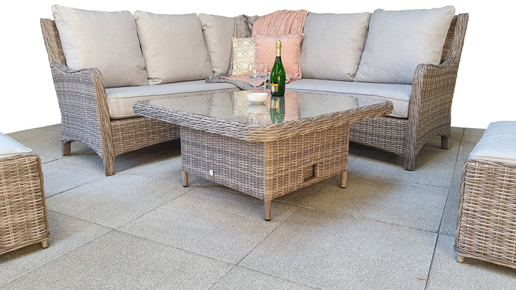 Alexandra Rattan Corner Dining Sofa with Lift Table, Ice Bucket & 3 Stools | Signature Weave