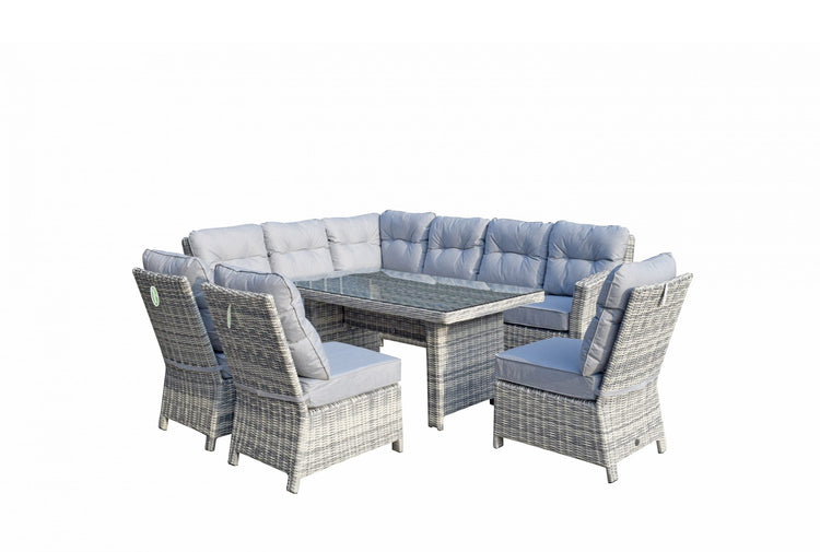 Amy Light Grey Rattan Corner Dining Sofa with Glass Table & 3 Armless Chairs | Signature Weave