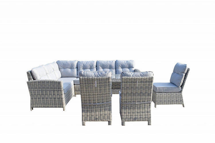 Amy Light Grey Rattan Corner Dining Sofa with Glass Table & 3 Armless Chairs | Signature Weave