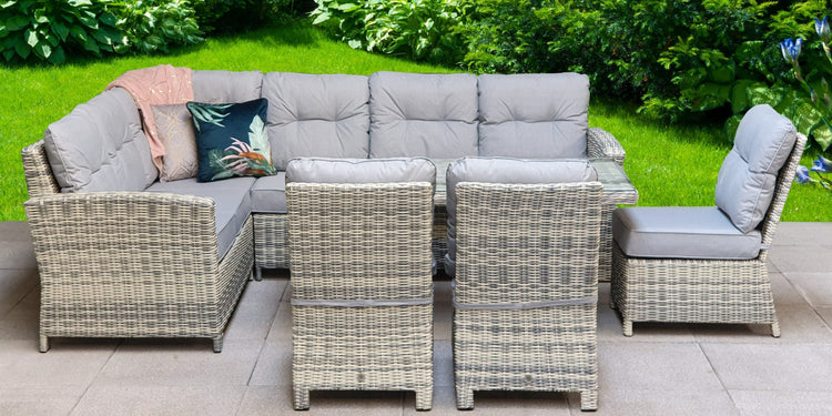 Amy Light Grey Rattan Corner Dining Sofa with Glass Table & 3 Armless Chairs | Signature Weave
