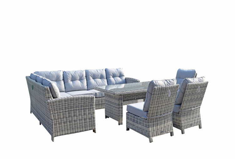 Amy Light Grey Rattan Corner Dining Sofa with Glass Table & 3 Armless Chairs | Signature Weave