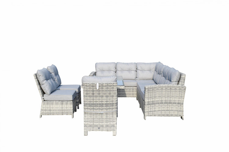 Amy Light Grey Rattan Corner Dining Sofa with Glass Table & 3 Armless Chairs | Signature Weave