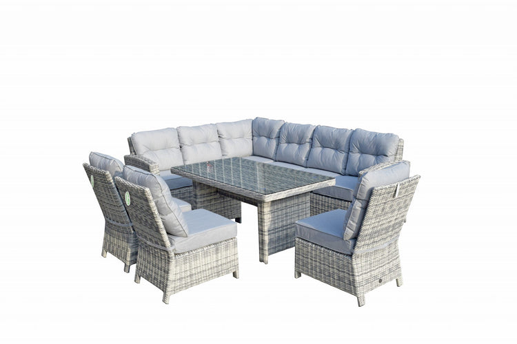 Amy Light Grey Rattan Corner Dining Sofa with Glass Table & 3 Armless Chairs | Signature Weave