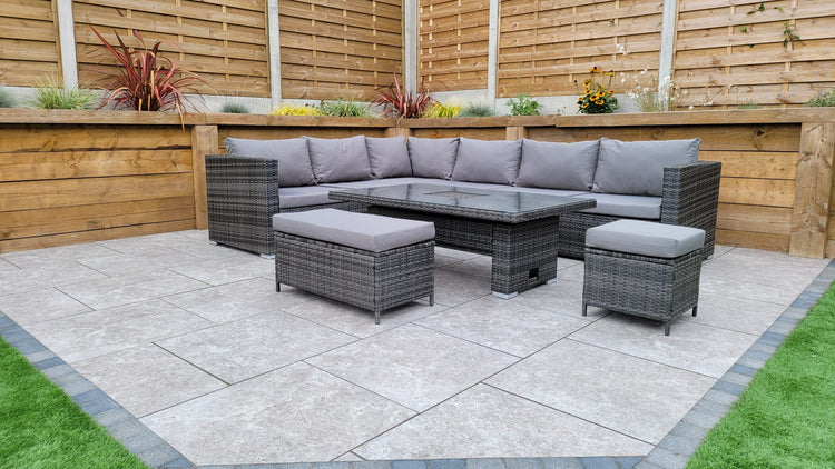 Catalina Grey 8mm Flat Weave Rattan Corner Dining Sofa with Lift Table & Ice Bucket | Signature Weave