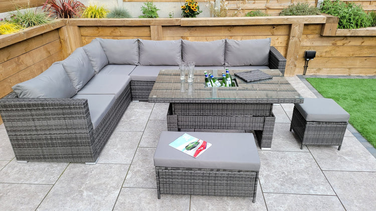 Catalina Grey 8mm Flat Weave Rattan Corner Dining Sofa with Lift Table & Ice Bucket | Signature Weave