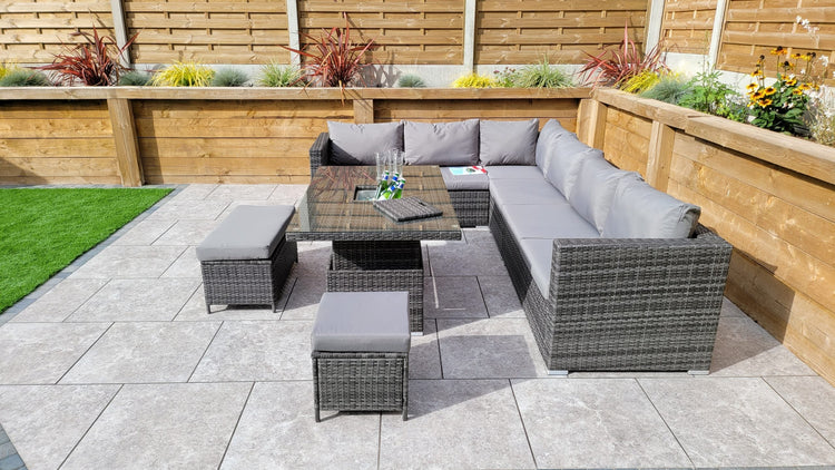 Catalina Grey 8mm Flat Weave Rattan Corner Dining Sofa with Lift Table & Ice Bucket | Signature Weave