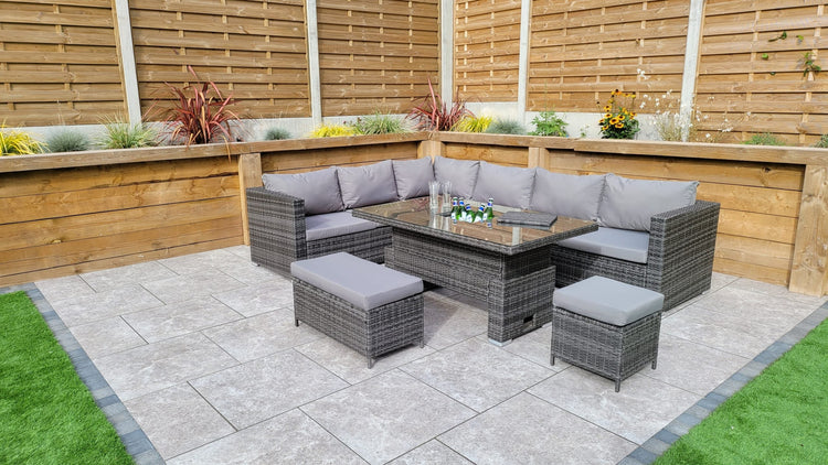 Catalina Grey 8mm Flat Weave Rattan Corner Dining Sofa with Lift Table & Ice Bucket | Signature Weave