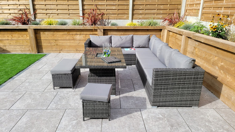 Catalina Grey 8mm Flat Weave Rattan Corner Dining Sofa with Lift Table & Ice Bucket | Signature Weave