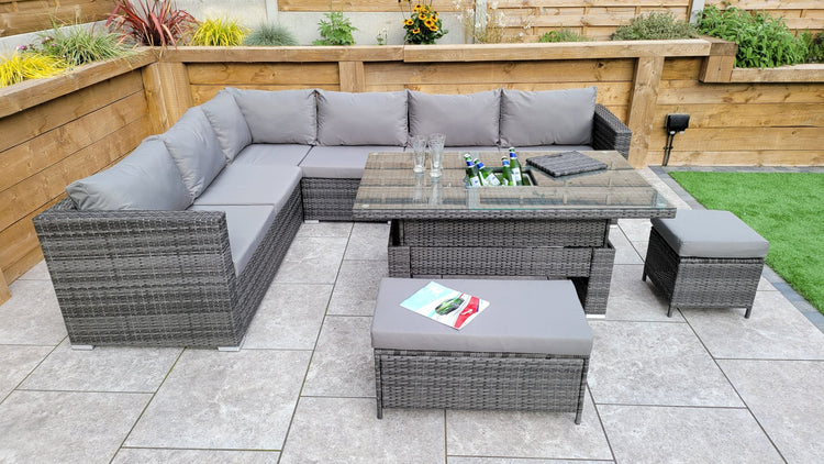 Catalina Grey 8mm Flat Weave Rattan Corner Dining Sofa with Lift Table & Ice Bucket | Signature Weave