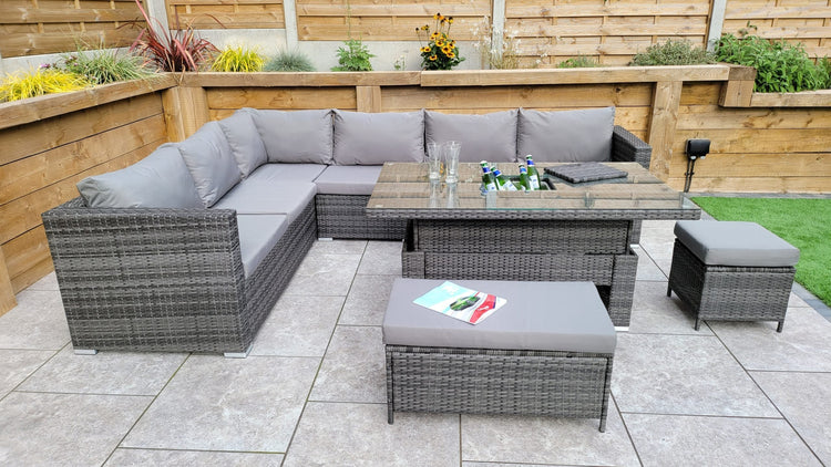 Catalina Grey 8mm Flat Weave Rattan Corner Dining Sofa with Lift Table & Ice Bucket | Signature Weave