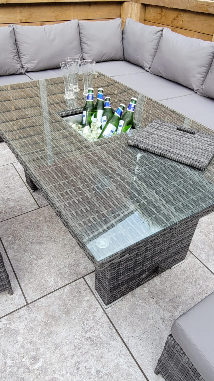 Catalina Grey 8mm Flat Weave Rattan Corner Dining Sofa with Lift Table & Ice Bucket | Signature Weave