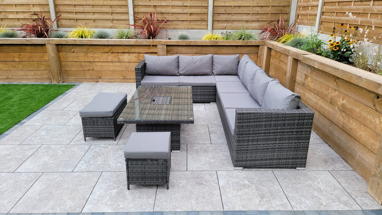 Catalina Grey 8mm Flat Weave Rattan Corner Dining Sofa with Lift Table & Ice Bucket | Signature Weave