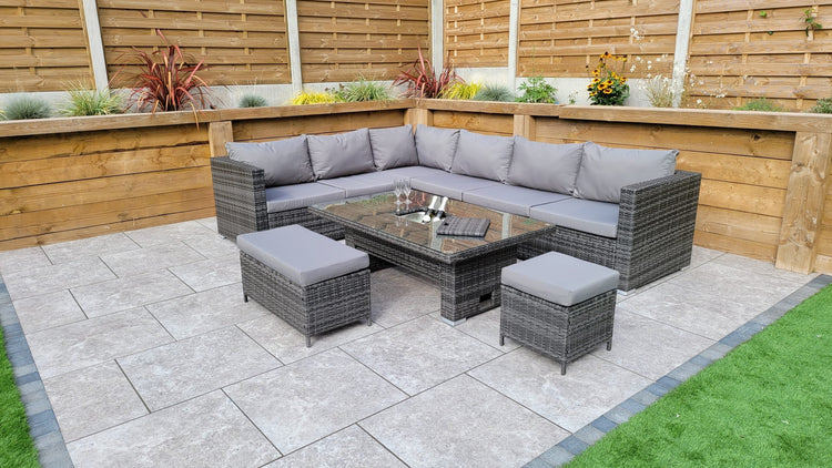 Catalina Grey 8mm Flat Weave Rattan Corner Dining Sofa with Lift Table & Ice Bucket | Signature Weave