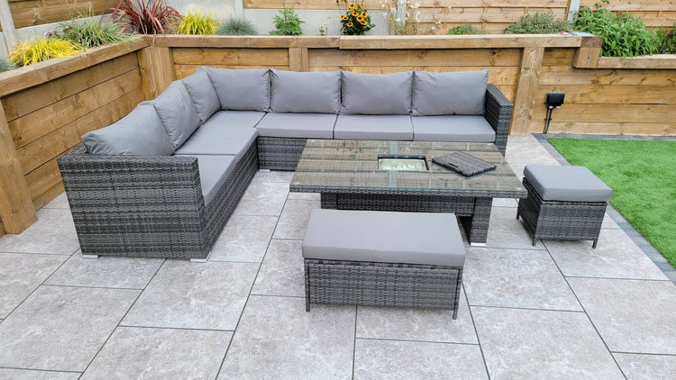 Catalina Grey 8mm Flat Weave Rattan Corner Dining Sofa with Lift Table & Ice Bucket | Signature Weave