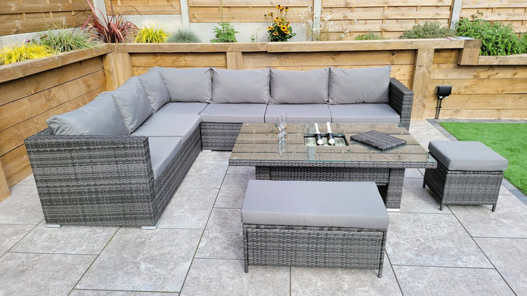 Catalina Grey 8mm Flat Weave Rattan Corner Dining Sofa with Lift Table & Ice Bucket | Signature Weave