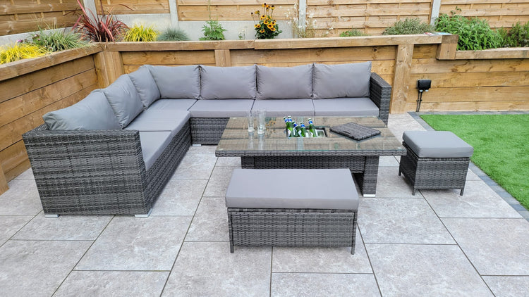Catalina Grey 8mm Flat Weave Rattan Corner Dining Sofa with Lift Table & Ice Bucket | Signature Weave