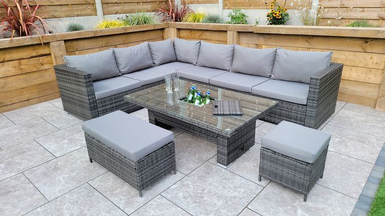 Catalina Grey 8mm Flat Weave Rattan Corner Dining Sofa with Lift Table & Ice Bucket | Signature Weave
