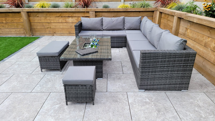 Catalina Grey 8mm Flat Weave Rattan Corner Dining Sofa with Lift Table & Ice Bucket | Signature Weave