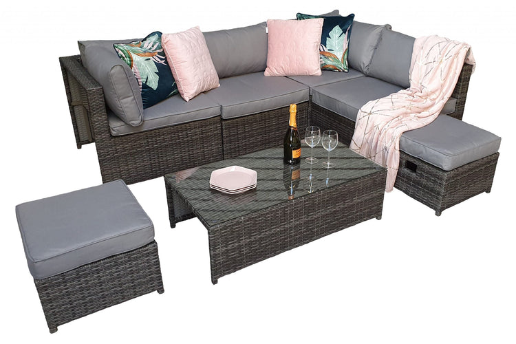 Chelsea Grey 8mm Flat Weave Rattan Modular Garden Sofa with Arm Storage & Coffee Table | Signature Weave