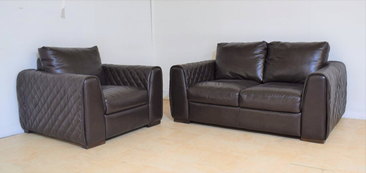 Waffle Arm Ex-Display Leather Brown 2 Seater Sofa + Chair | EXA87