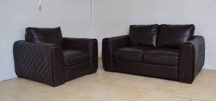 Waffle Arm Ex-Display Leather Brown 2 Seater Sofa + Chair | EXA87