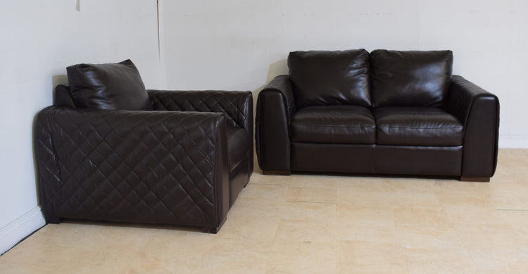 Waffle Arm Ex-Display Leather Brown 2 Seater Sofa + Chair | EXA87