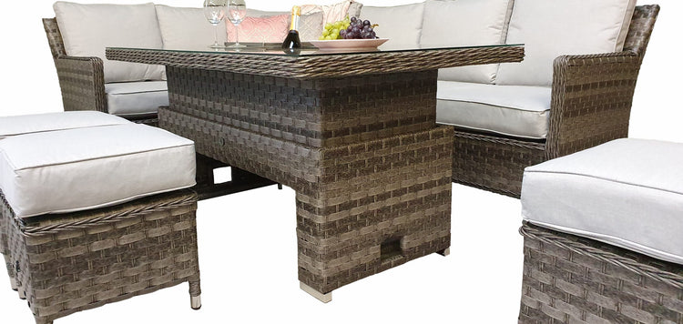 Edwina Brown Rattan Corner Dining Sofa with Lift Table, Ice Bucket & Beige Cushions | Signature Weave