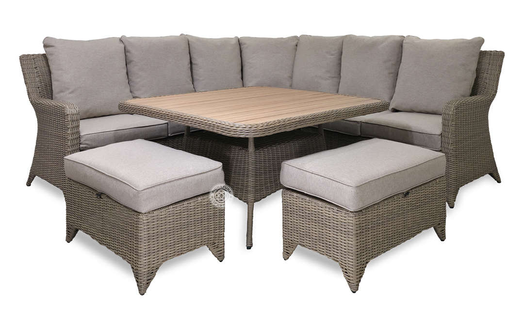 Fairmont Pale Brown Rattan Corner Dining Sofa with Aluminium Plank Table & 2 Bench Stools