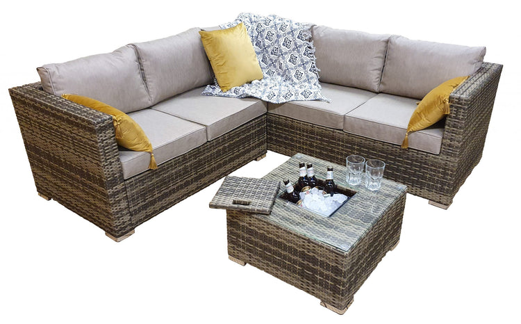Georgia Brown Rattan Corner Sofa with Ice Bucket Glass Coffee Table | Signature Weave