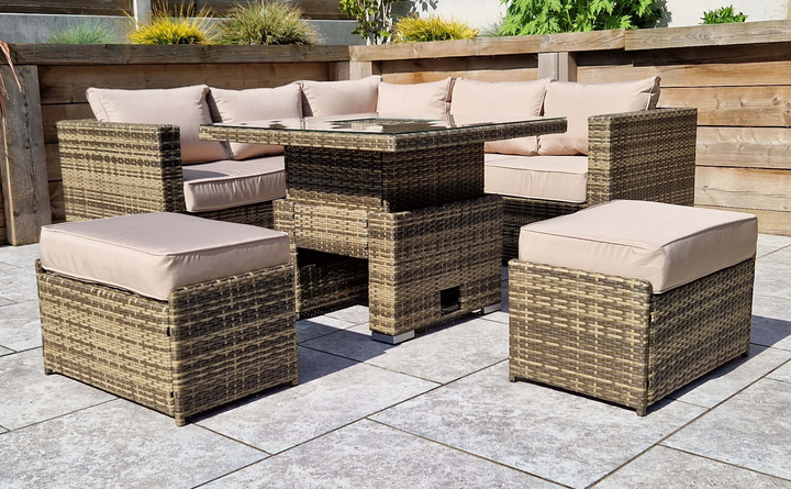 Georgia Brown Rattan Corner Dining Sofa with Lift & Rise Ice Bucket Table & 2 Stools | Signature Weave
