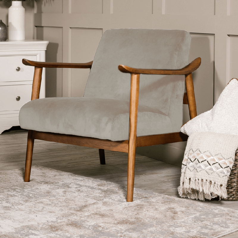 Heath Velvet Accent Chair on Solid Wood Base, Green or Grey