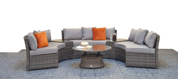 Juliet Half Moon Grey Rattan Sofa Dining Set with Middle Tables | Signature Weave