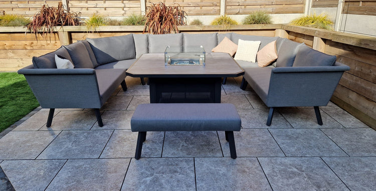 Luna 10 Seater Grey Outdoor Fabric U-Shaped Garden Corner Sofa with Fire Pit Table | Signature Weave