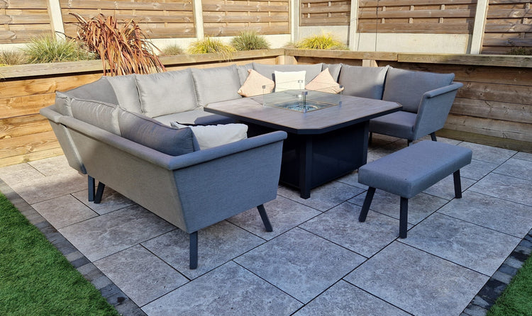 Luna 10 Seater Grey Outdoor Fabric U-Shaped Garden Corner Sofa with Fire Pit Table | Signature Weave