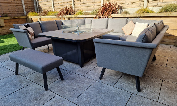 Luna 10 Seater Grey Outdoor Fabric U-Shaped Garden Corner Sofa with Fire Pit Table | Signature Weave