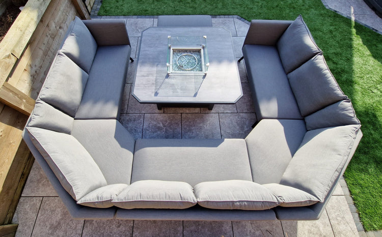 Luna 10 Seater Grey Outdoor Fabric U-Shaped Garden Corner Sofa with Fire Pit Table | Signature Weave