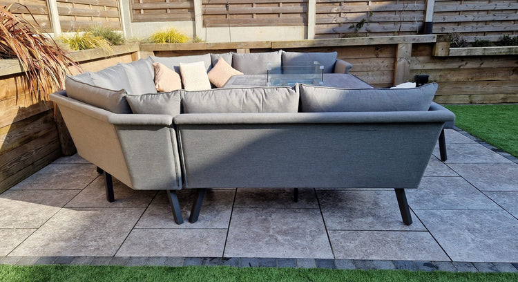 Luna 10 Seater Grey Outdoor Fabric U-Shaped Garden Corner Sofa with Fire Pit Table | Signature Weave